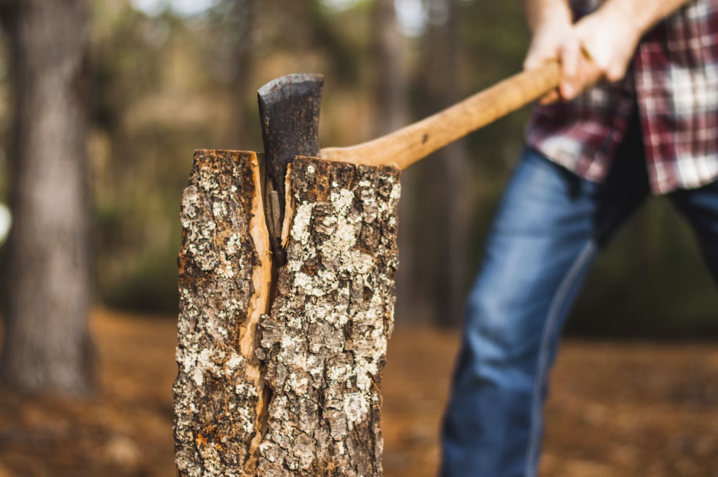 A person uses an ax to chop a tree stump.