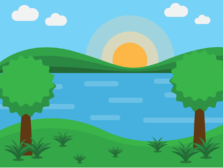 illustration of trees near a lake with a sun